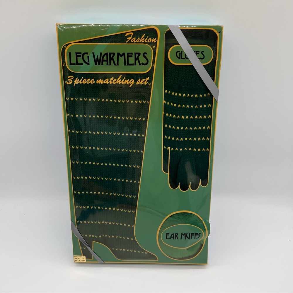 Vintage 80s Leg Warmers Set w/ Gloves & Ear Muffs Green 3pc Matching Set NIP